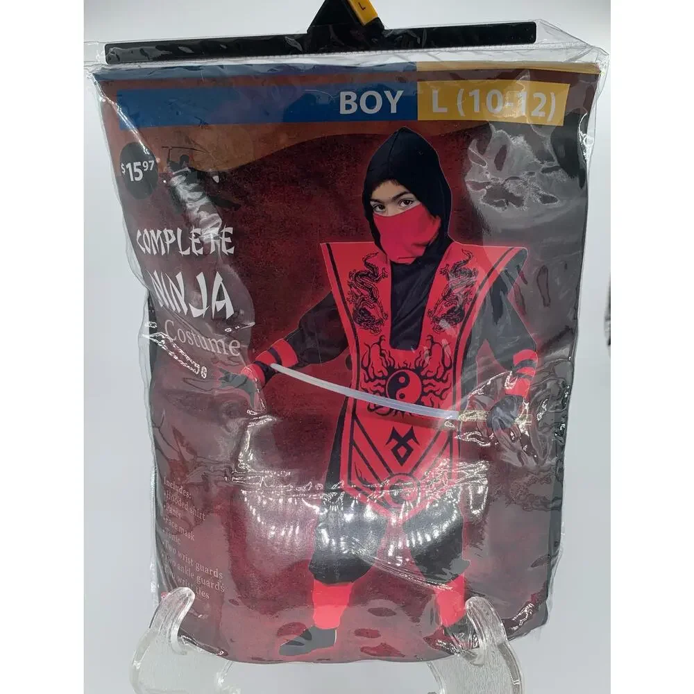 Ninja Costume Kids Boy Size L 10-12 Complete Red Black Shirt Pant Mask Halloween